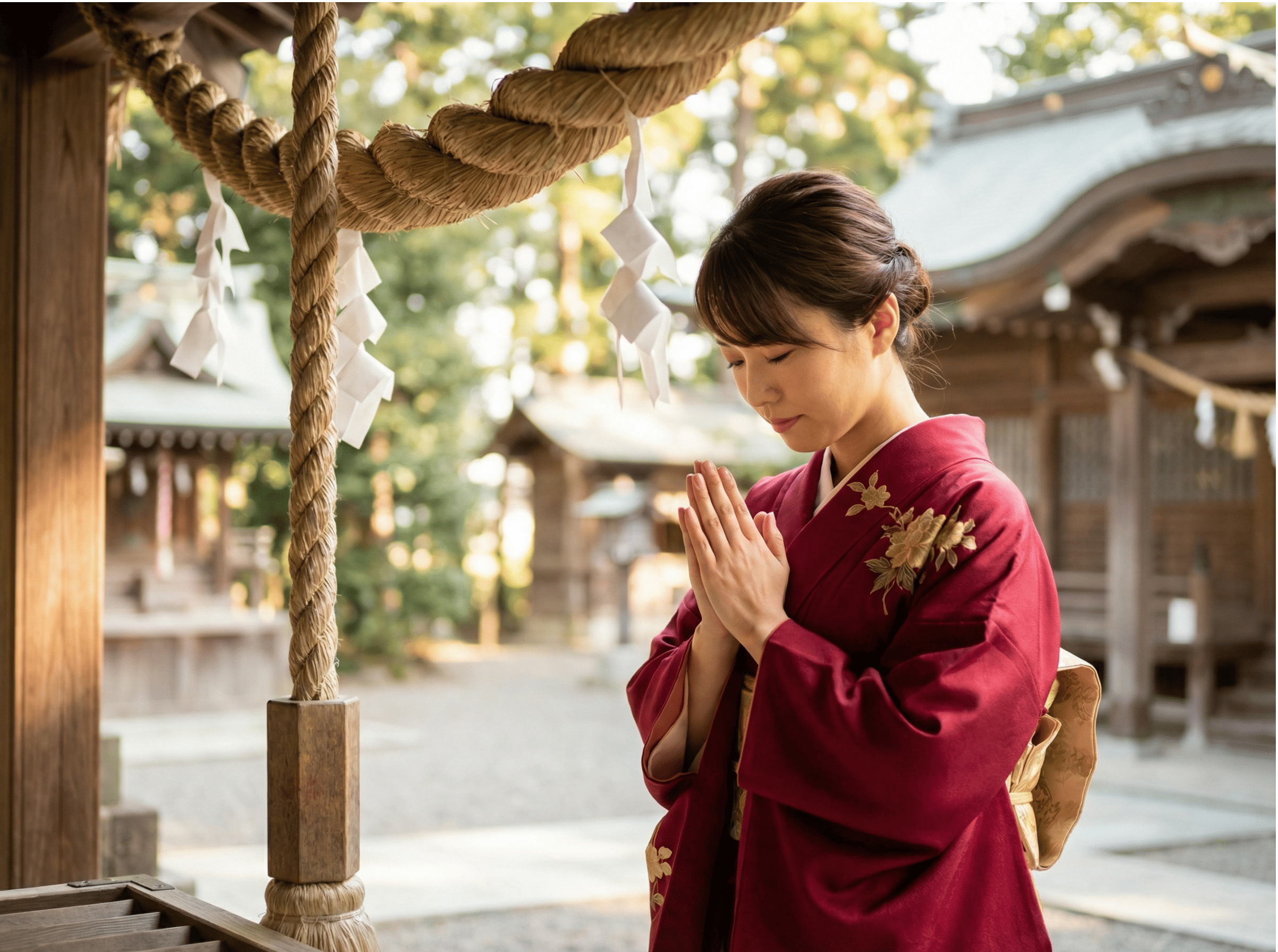 神前で手を合わせて参拝する女性