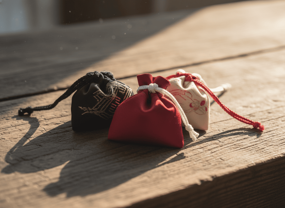 木の台の上に並ぶ三つのお守り