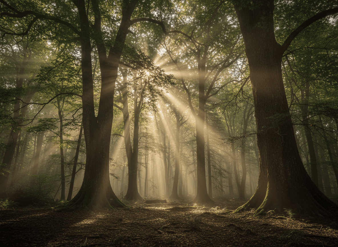 木立の間から光が差し込む神社の森