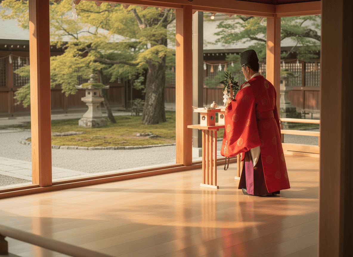 社殿で祭儀を行う神職