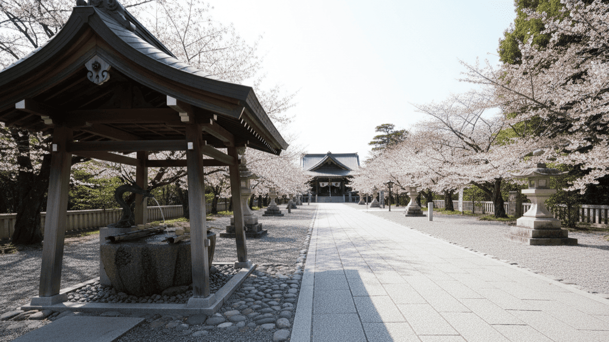 桜に囲まれた境内参道と手水舎