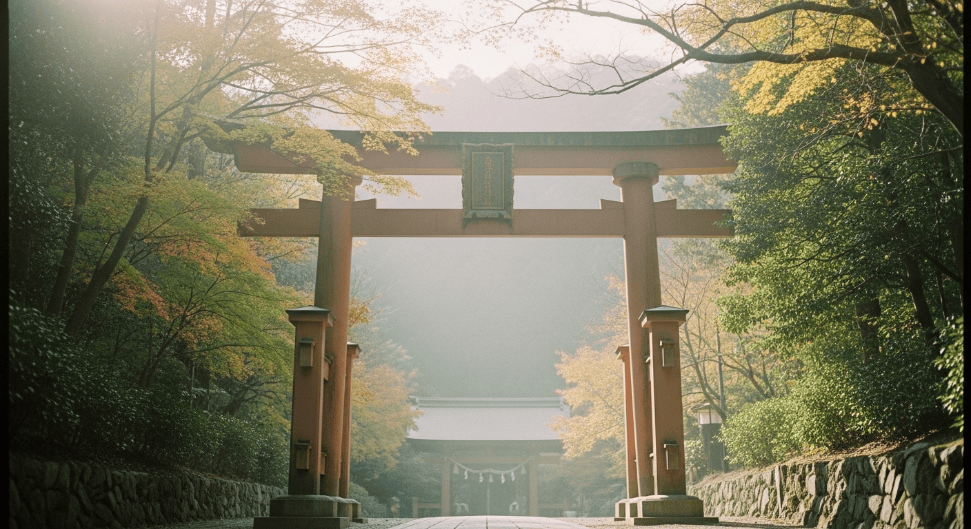 木々に囲まれた参道に立つ鳥居